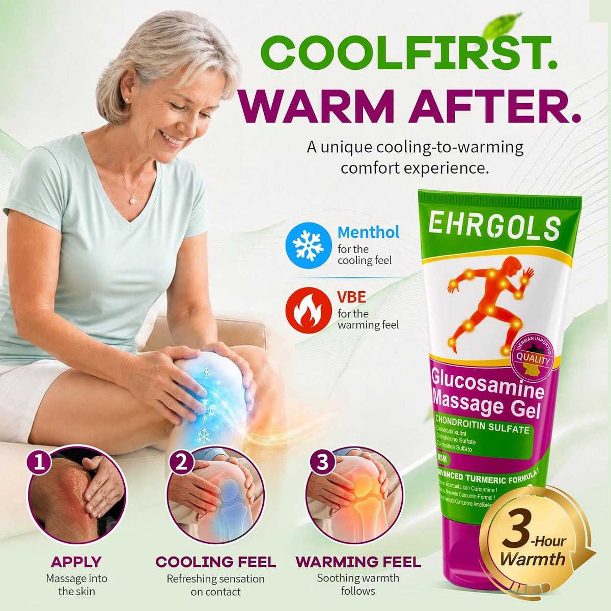 Curcumin and glucosamine massage gel ingredient and comfort graphic